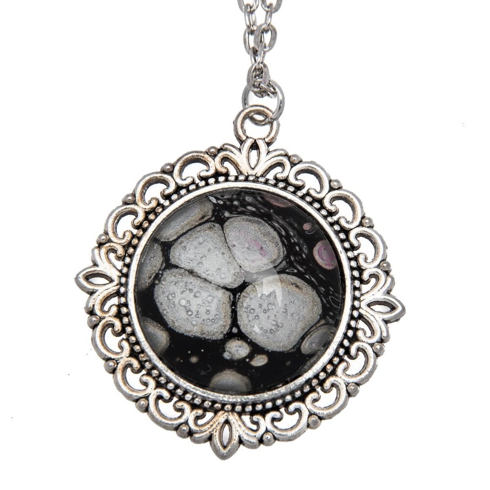 Handmade Abstract Pendant Necklace – Silver & Black in Silver Filigree Frame